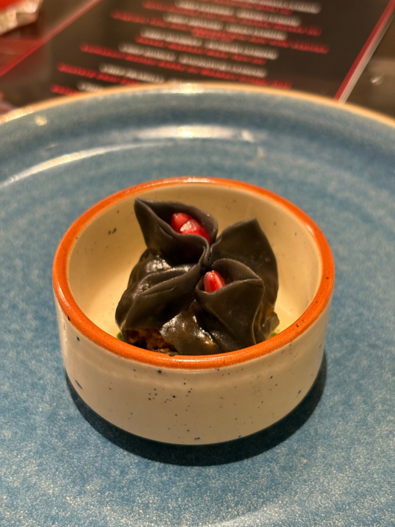 Chef Abinash (Pan-Asian): Tofu Chili Charcoal Dim Sum with Scallion Sauce (v) 